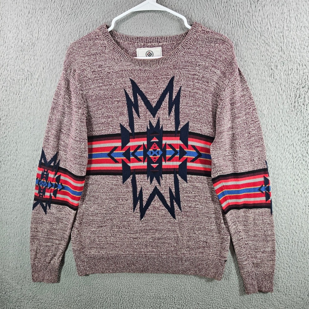 On The Byas Mens Small Southwestern Geometric Intarsia Cotton Sweater Burgundy